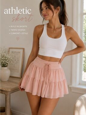 Blush Pink Tiered Tennis Skort Athletic Golf Skirt with Built-In Shorts XL